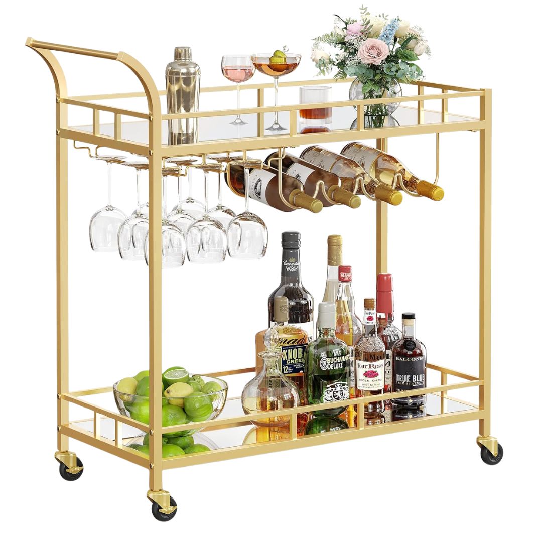 Gold beverage cart styled as a self-serve drinks station for outdoor entertaining.