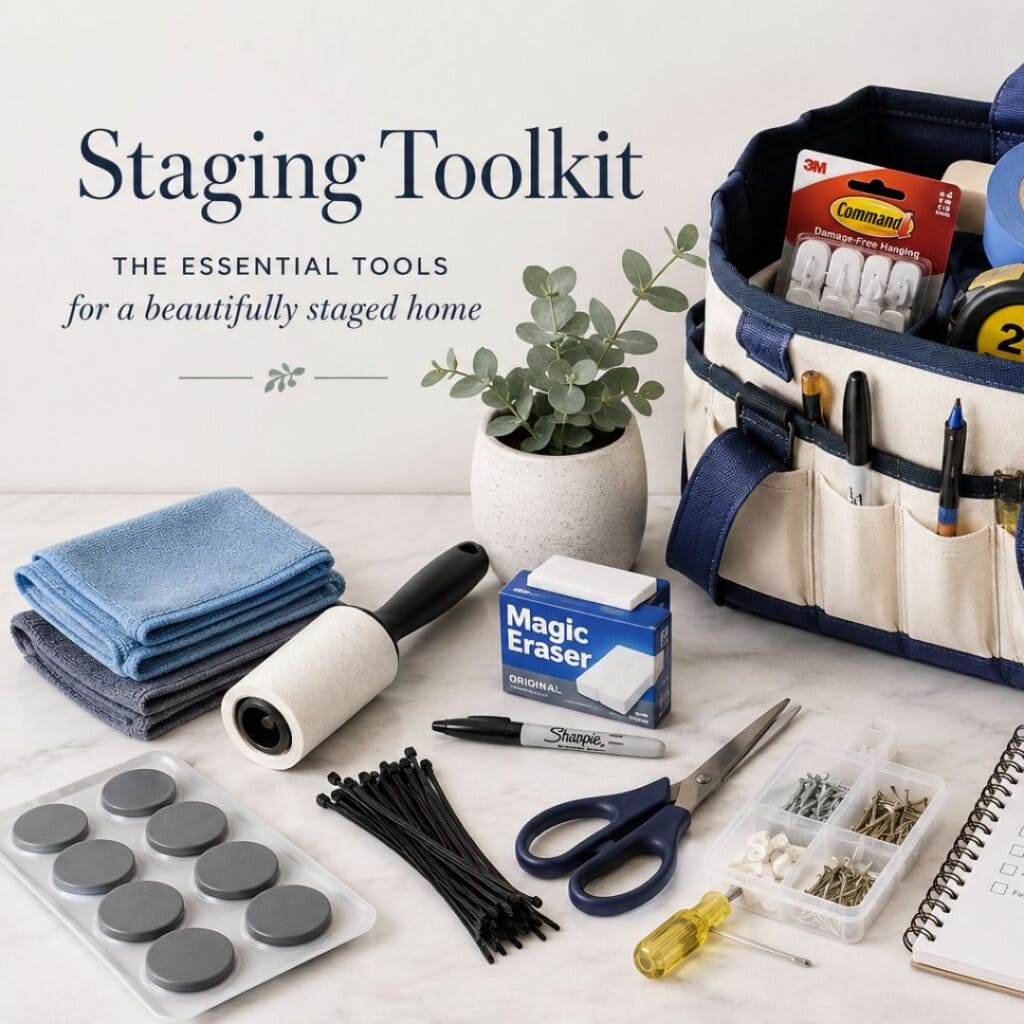 Professional home staging toolkit with essential supplies for preparing homes for sale.