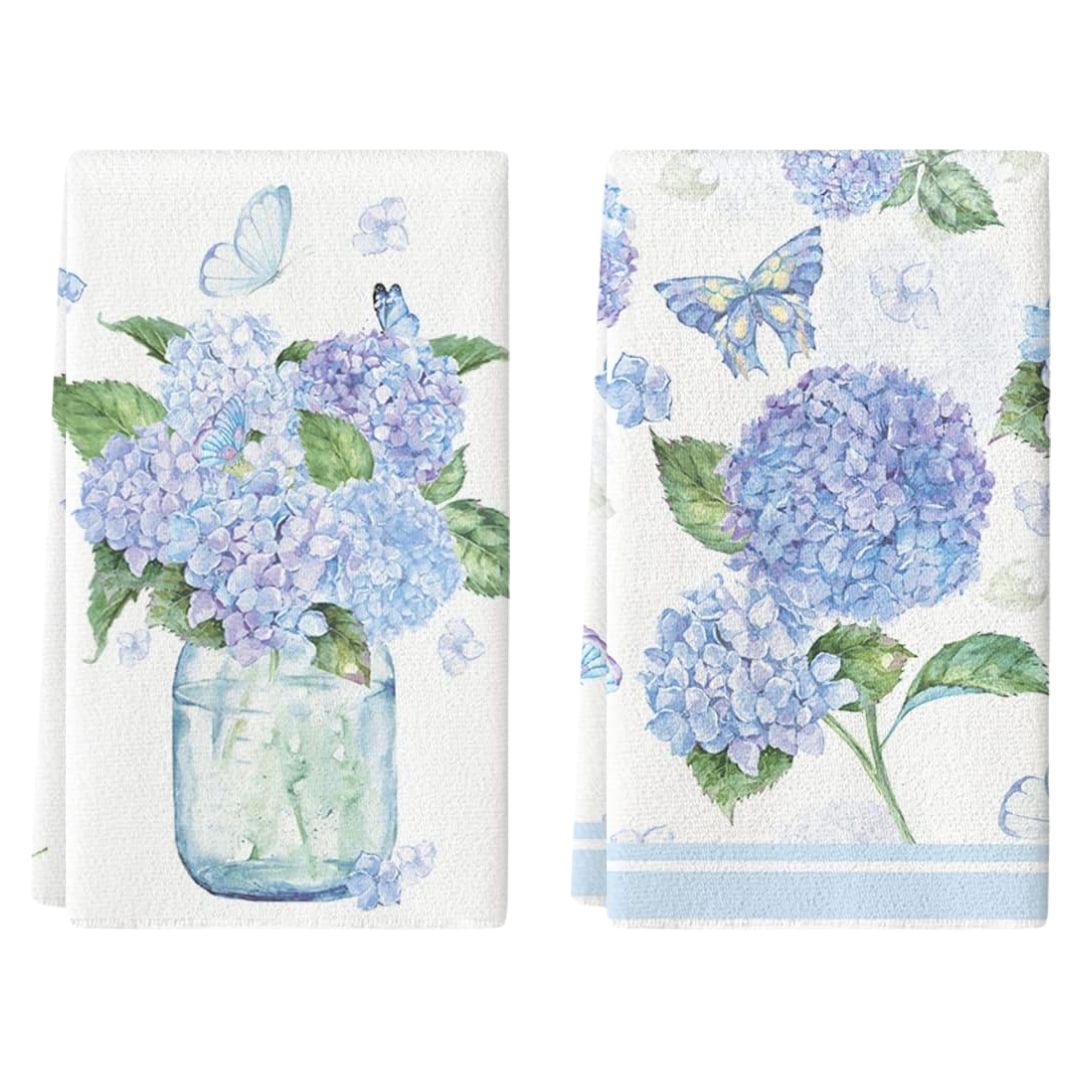 Kitchen tea towels with blue hydrangeas and butterflies