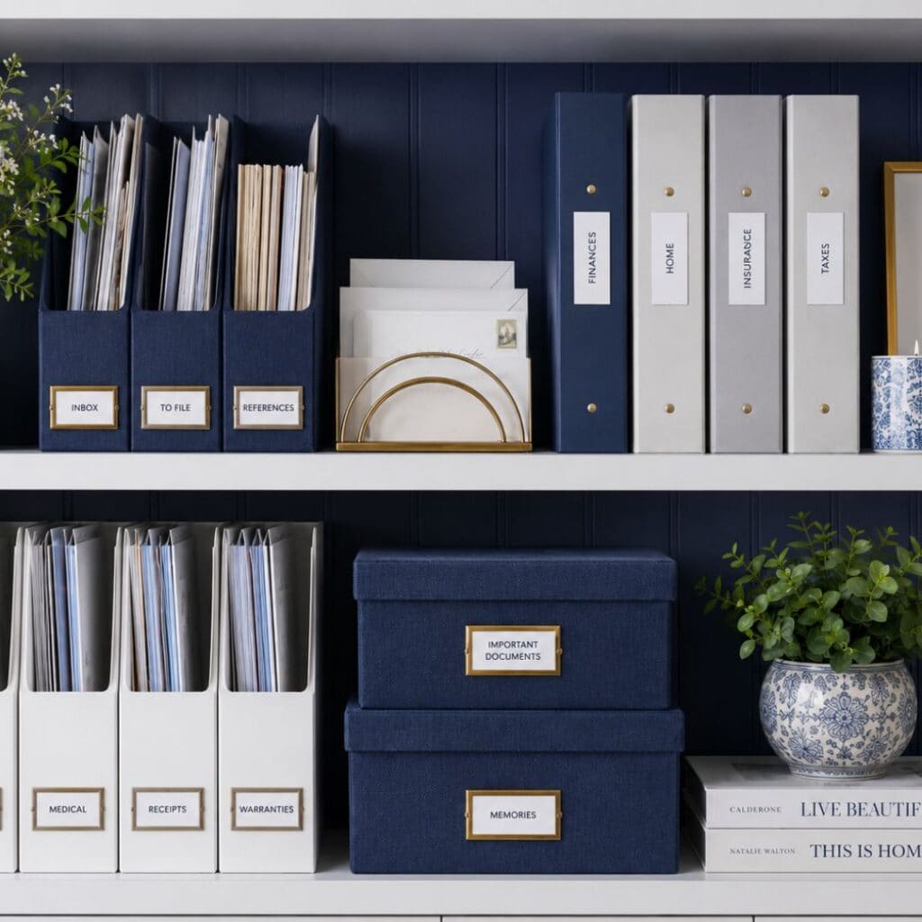 Beautifully organized home office shelving with labelled file boxes, binders and document storage for paper de-cluttering and home organization.