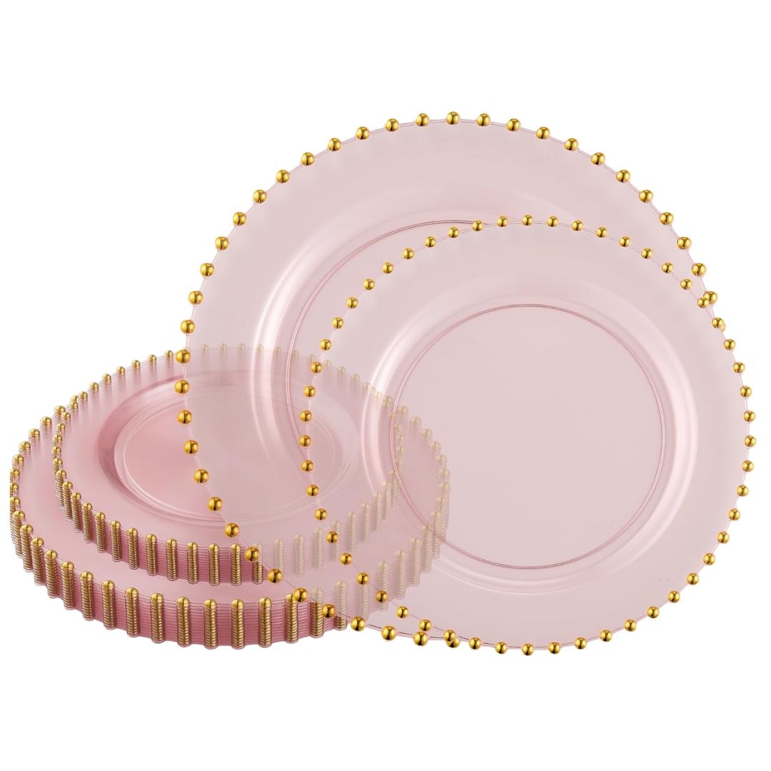 Pink melamine dinner plates for outdoor entertaining and garden parties.