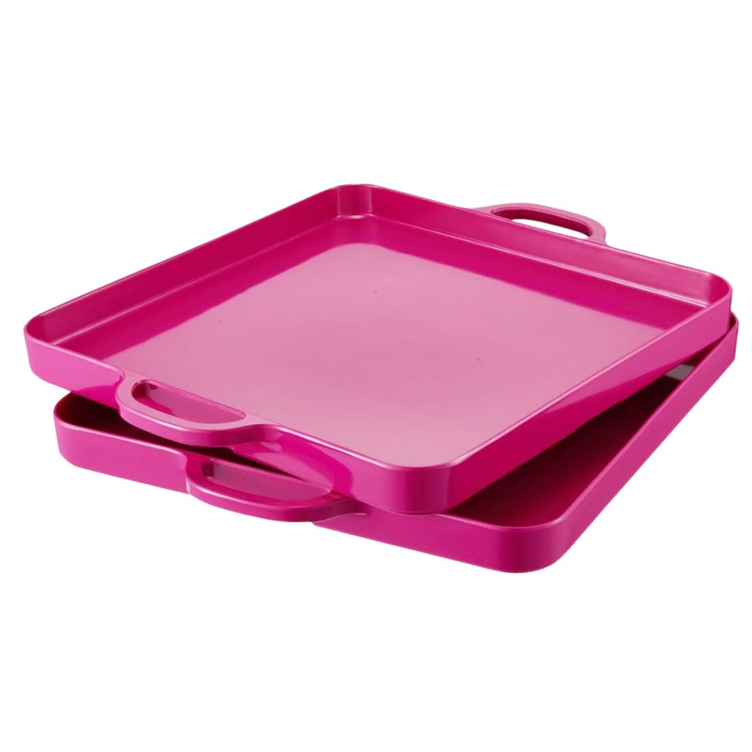 Pink melamine serving trays for carrying food outdoors during garden parties.
