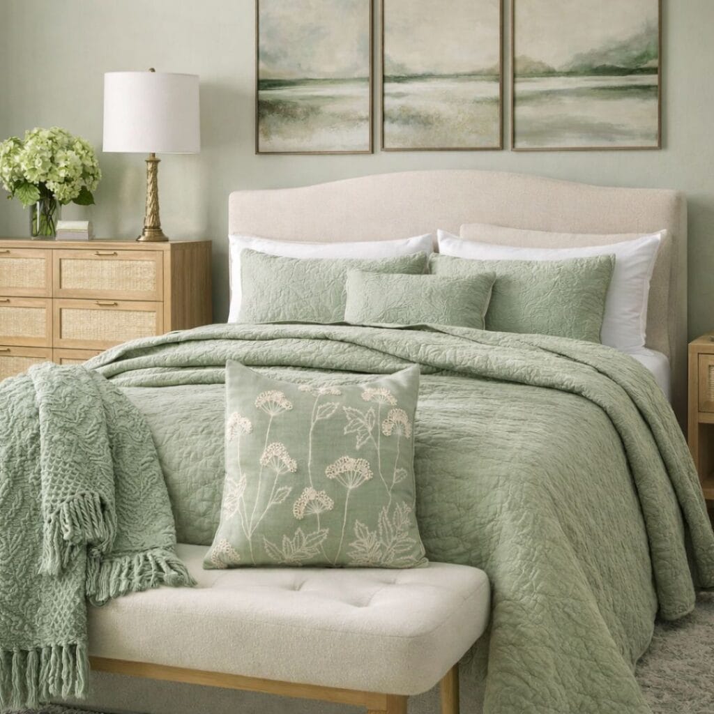 Sage green bedroom with layered bedding, botanical pillows and natural wood furniture.