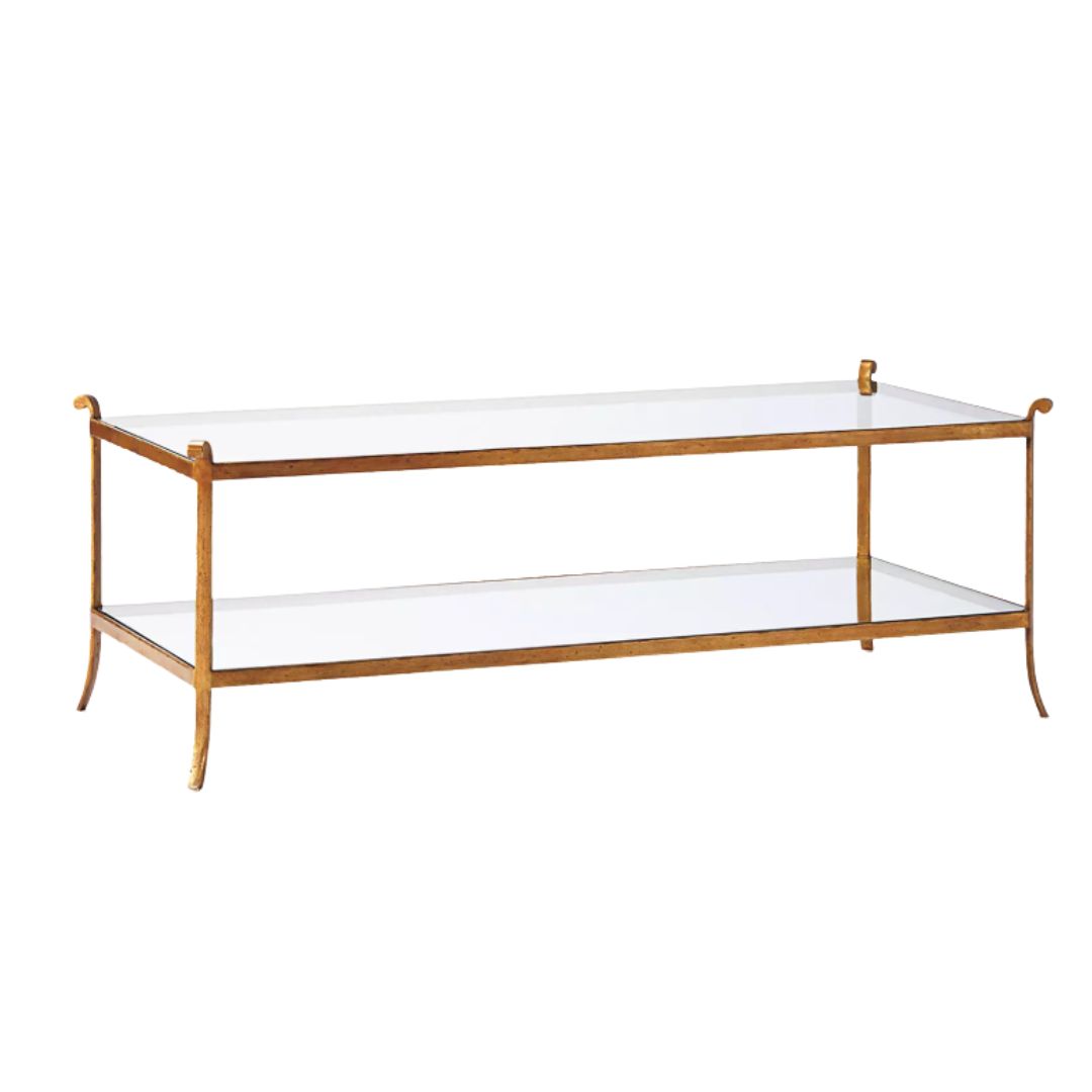 Serena & Lily St. Germain glass and brass coffee table