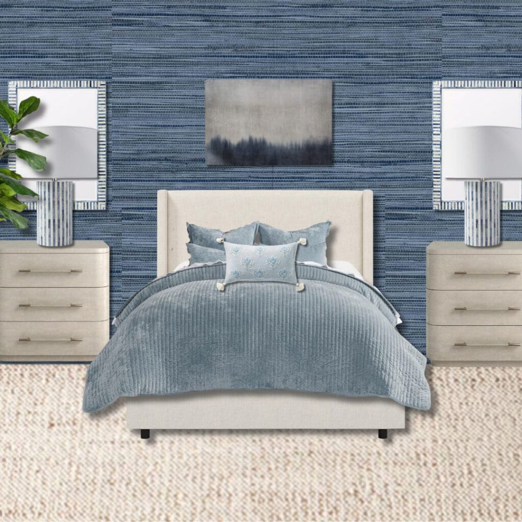 Coastal blue bedroom with dark blue grasscloth wallpaper, upholstered bed, jute rug and light wood nightstands. Shop coastal blue bedroom ideasg and light wood nightstands.