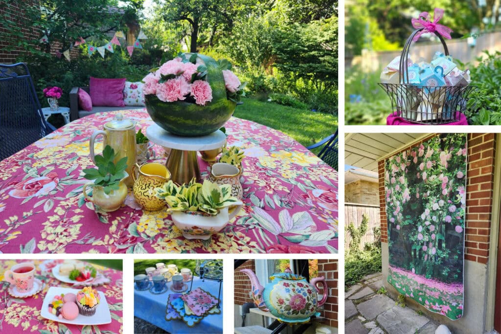 English country garden tea party with floral tablescape, watermelon centerpiece, vintage tea decorations, party favors and garden styling inspiration.