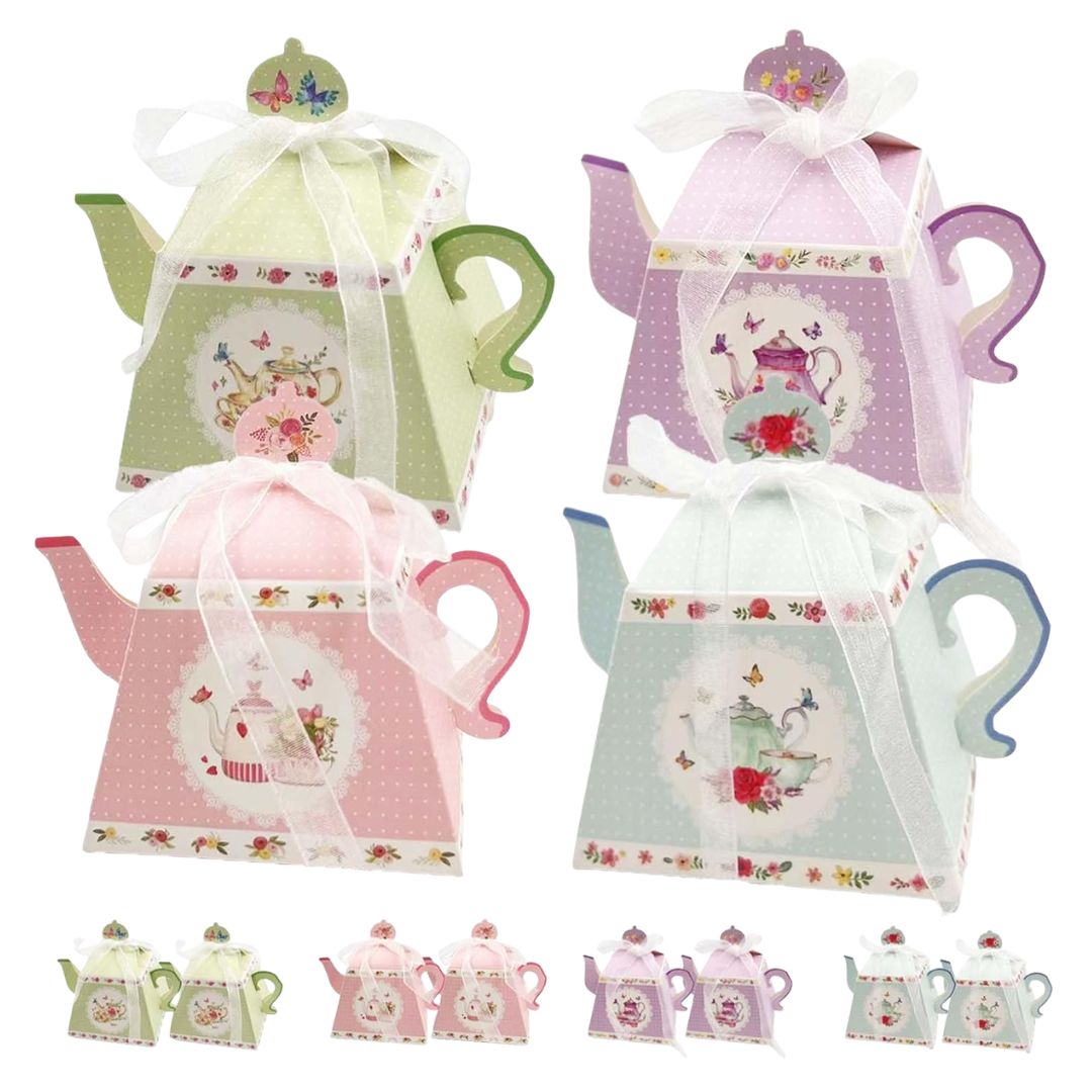 Vintage-inspired teapot shaped party favor boxes for an English garden tea party