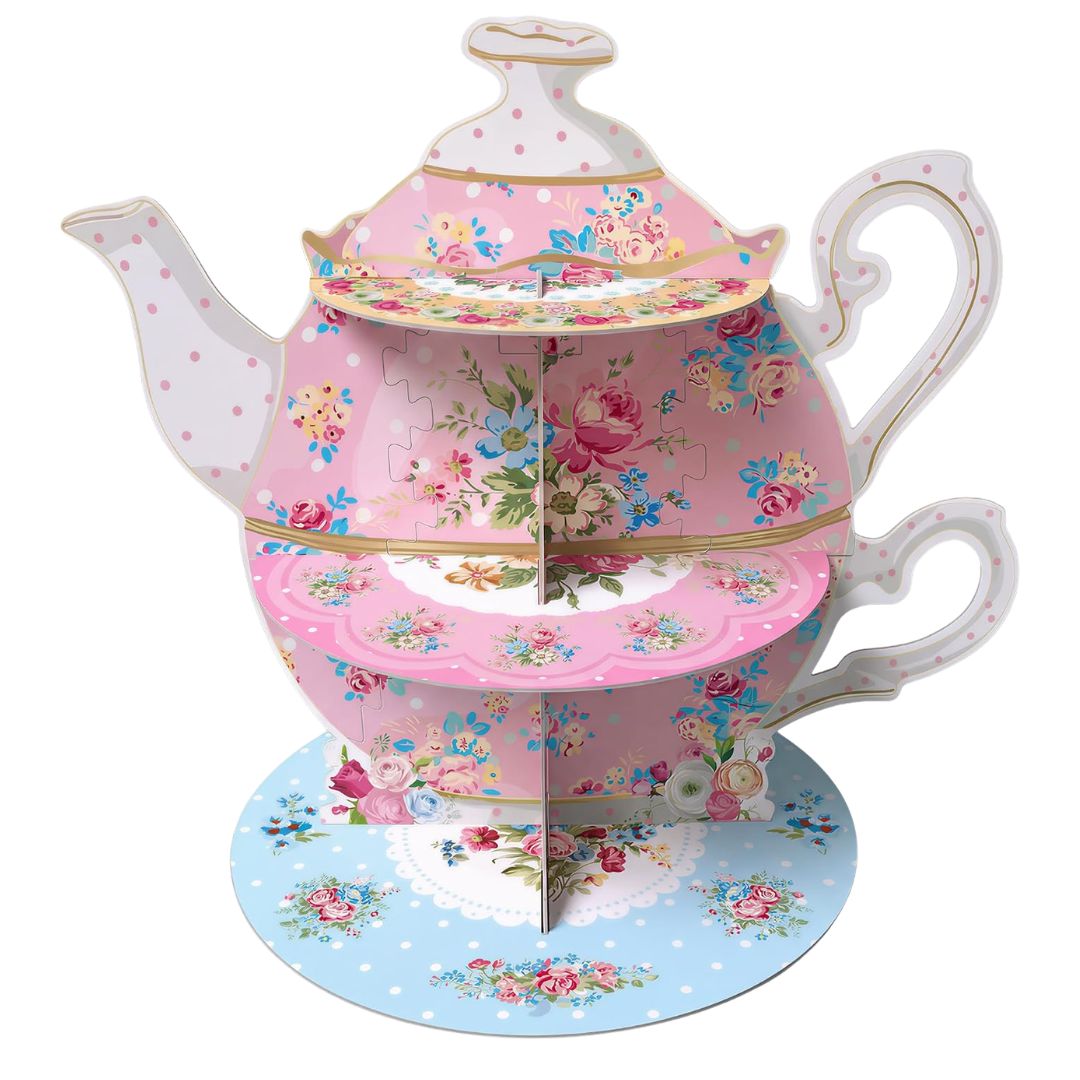 Teapot-shaped tiered serving stand for cupcakes, sandwiches and desserts.