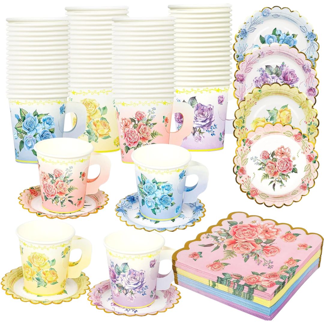 Vintage floral paper tea cups, saucers, plates and napkins for an English country garden tea party.