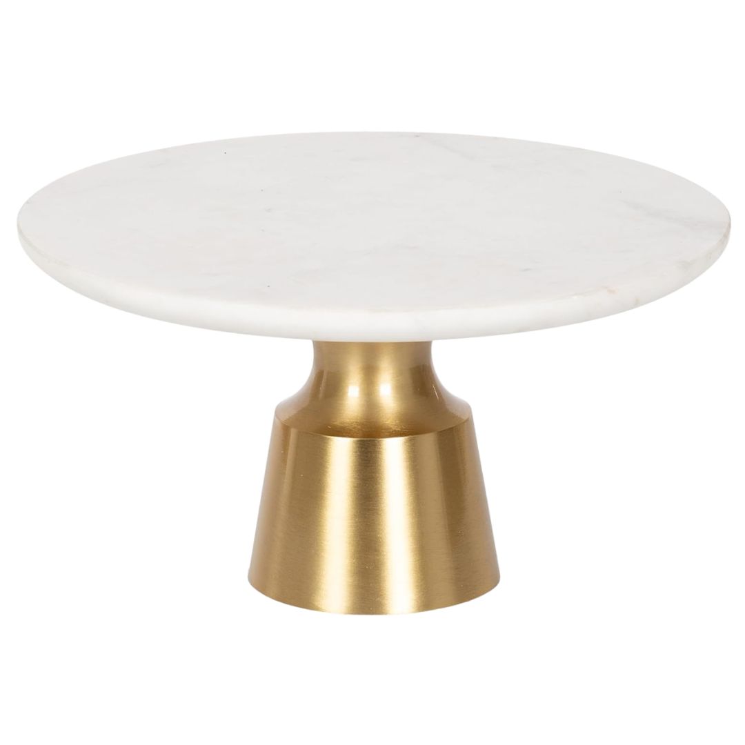 White and gold cake stand displaying a floral watermelon centerpiece.