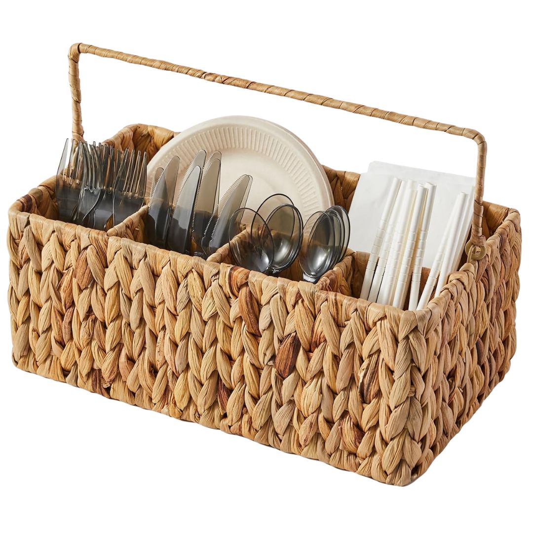 Woven outdoor utensil caddy with cutlery and napkins