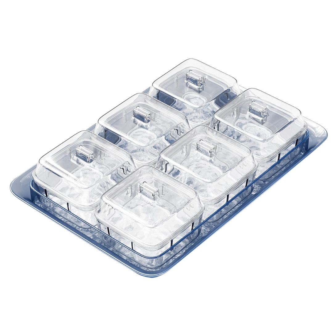 Acrylic serving tray with six covered condiment bowls for outdoor entertaining