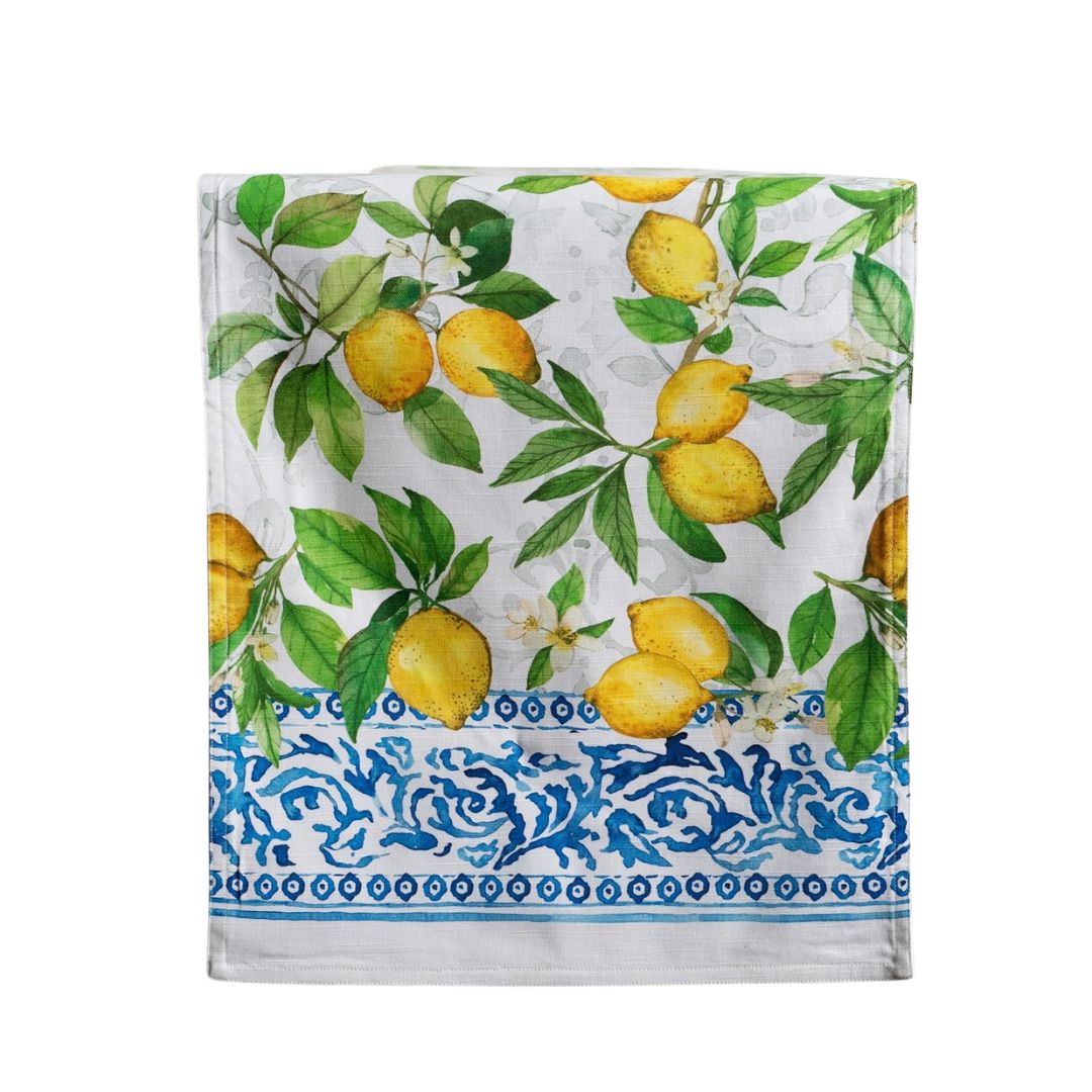 Amalfi Coast inspired lemon table runner with blue Mediterranean border