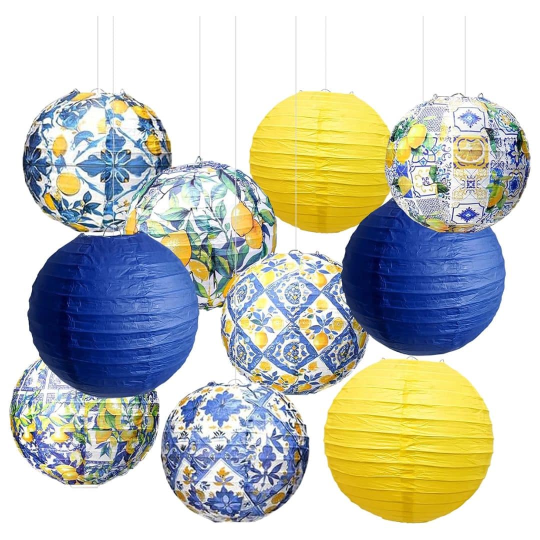 Blue and yellow Amalfi Coast paper lanterns for summer parties