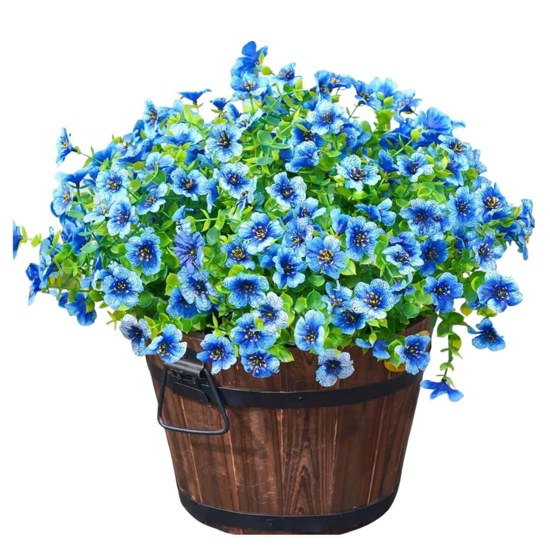 Blue faux flowers in a planter for outdoor patio decorating