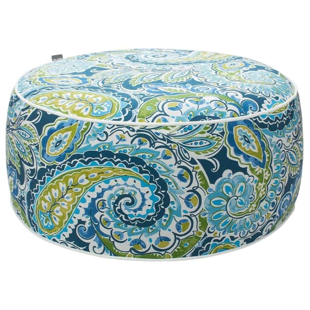 Blue paisley outdoor pouf for patio seating