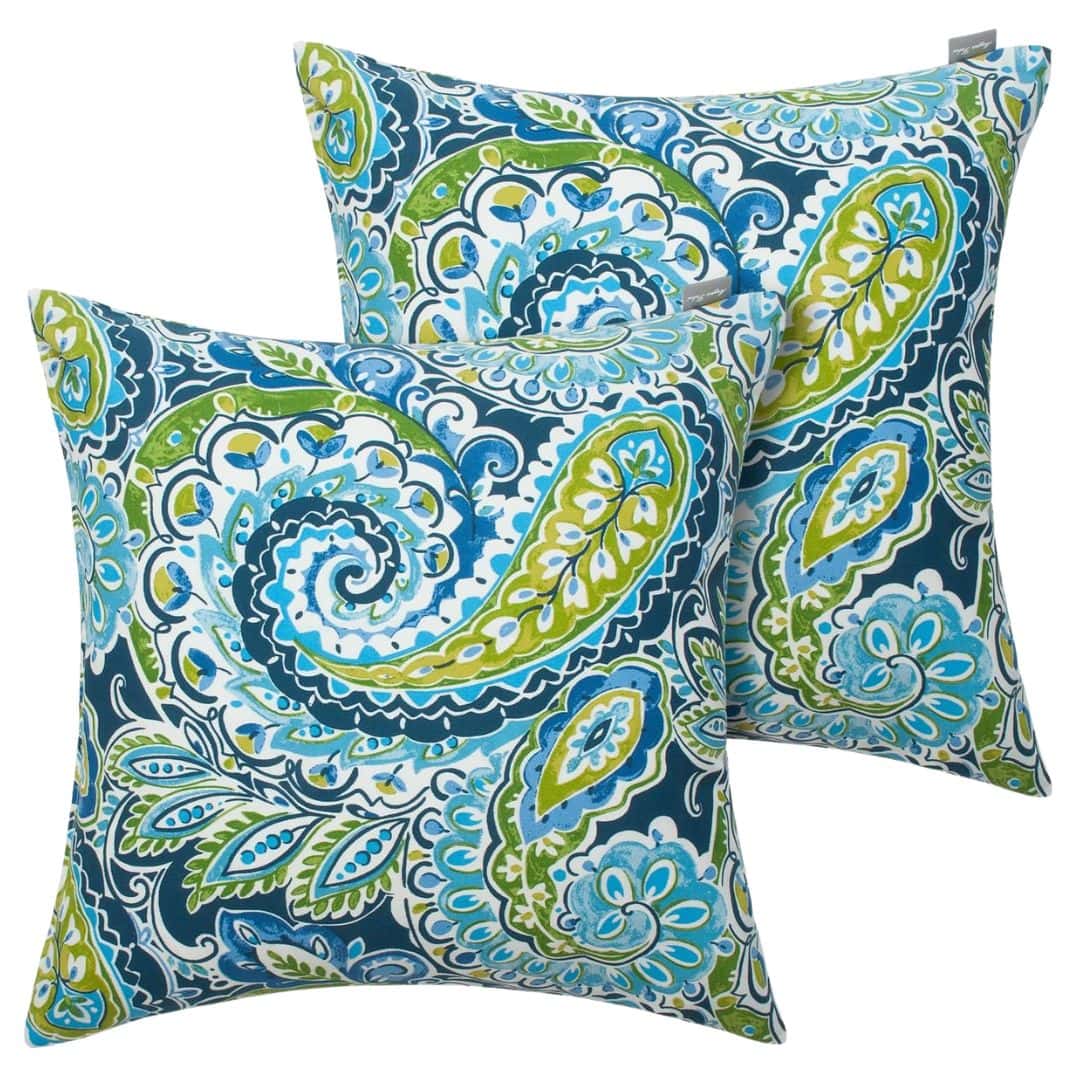 Blue paisley outdoor throw pillows for patio furniture