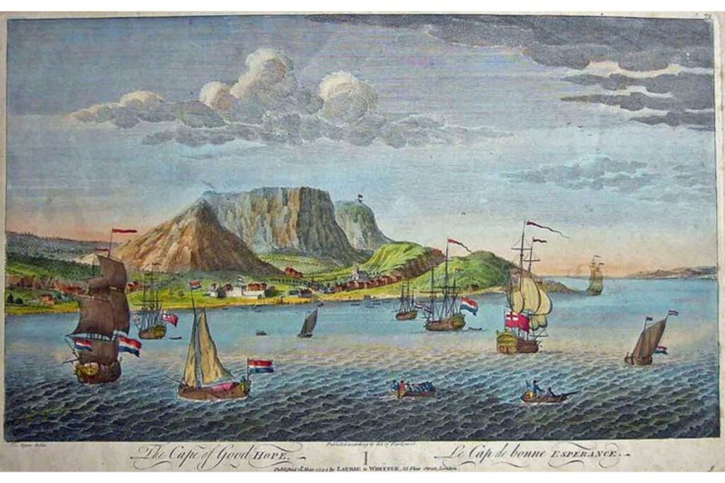 Historic illustration of sailing ships at the Cape of Good Hope