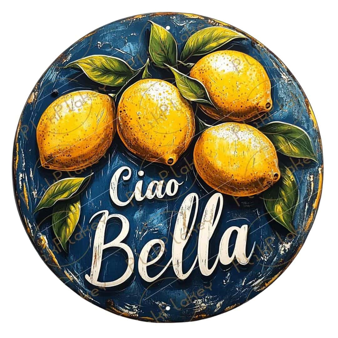 Round Ciao Bella lemon wall sign for Italian-inspired summer décor