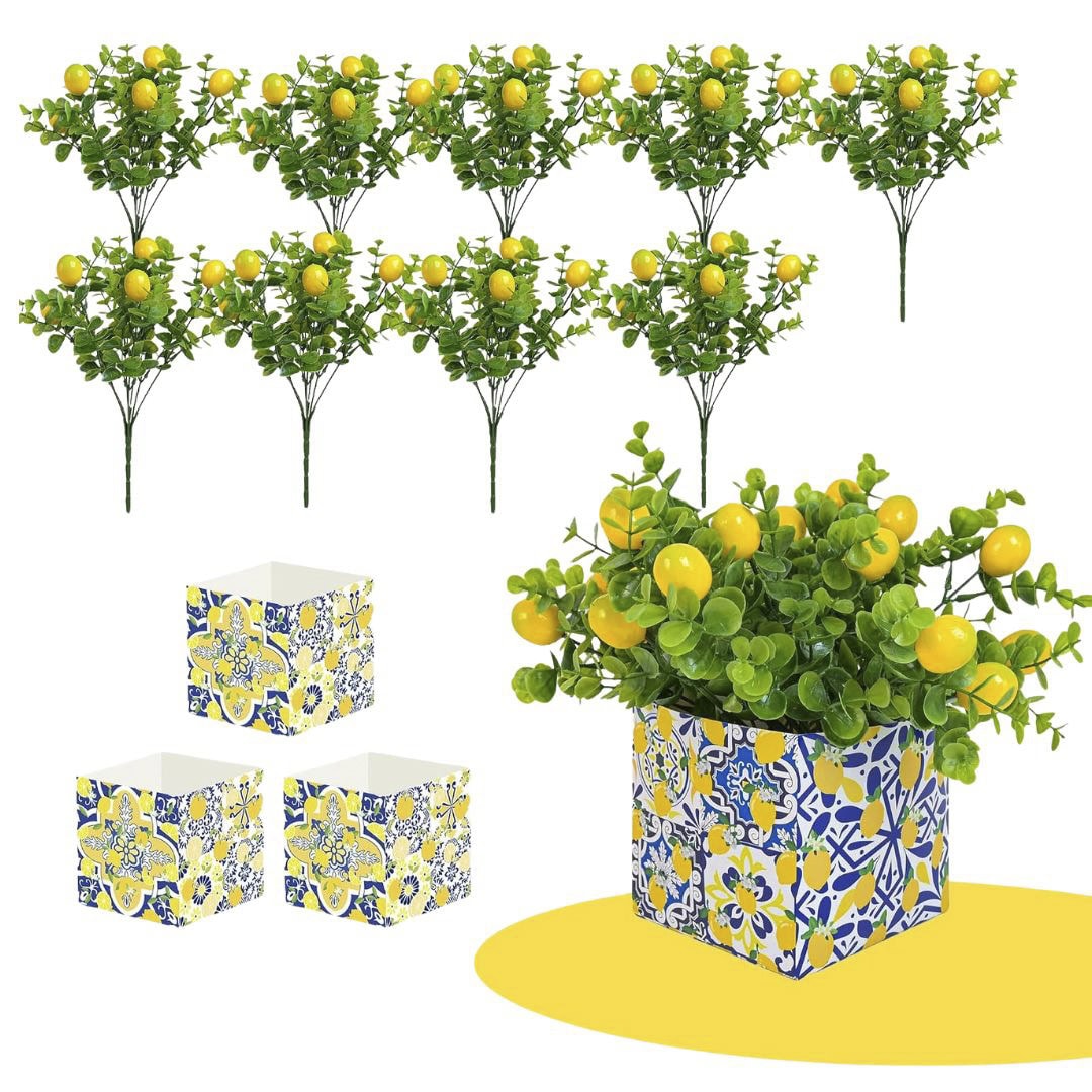Faux lemon topiary centerpiece in blue Amalfi-style planter for summer table decorating