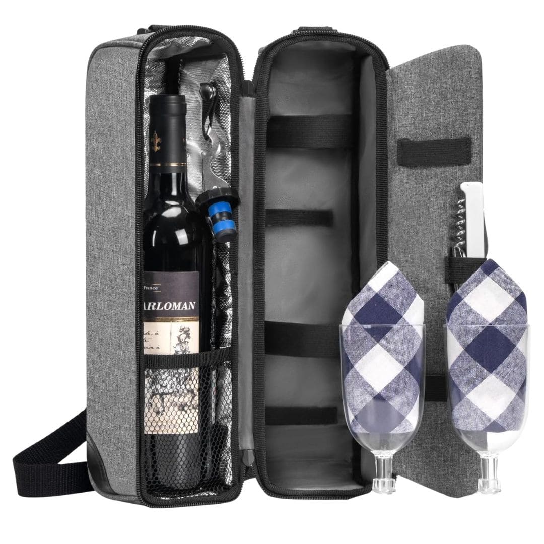 Insulated wine carrier with glasses and accessories for picnics