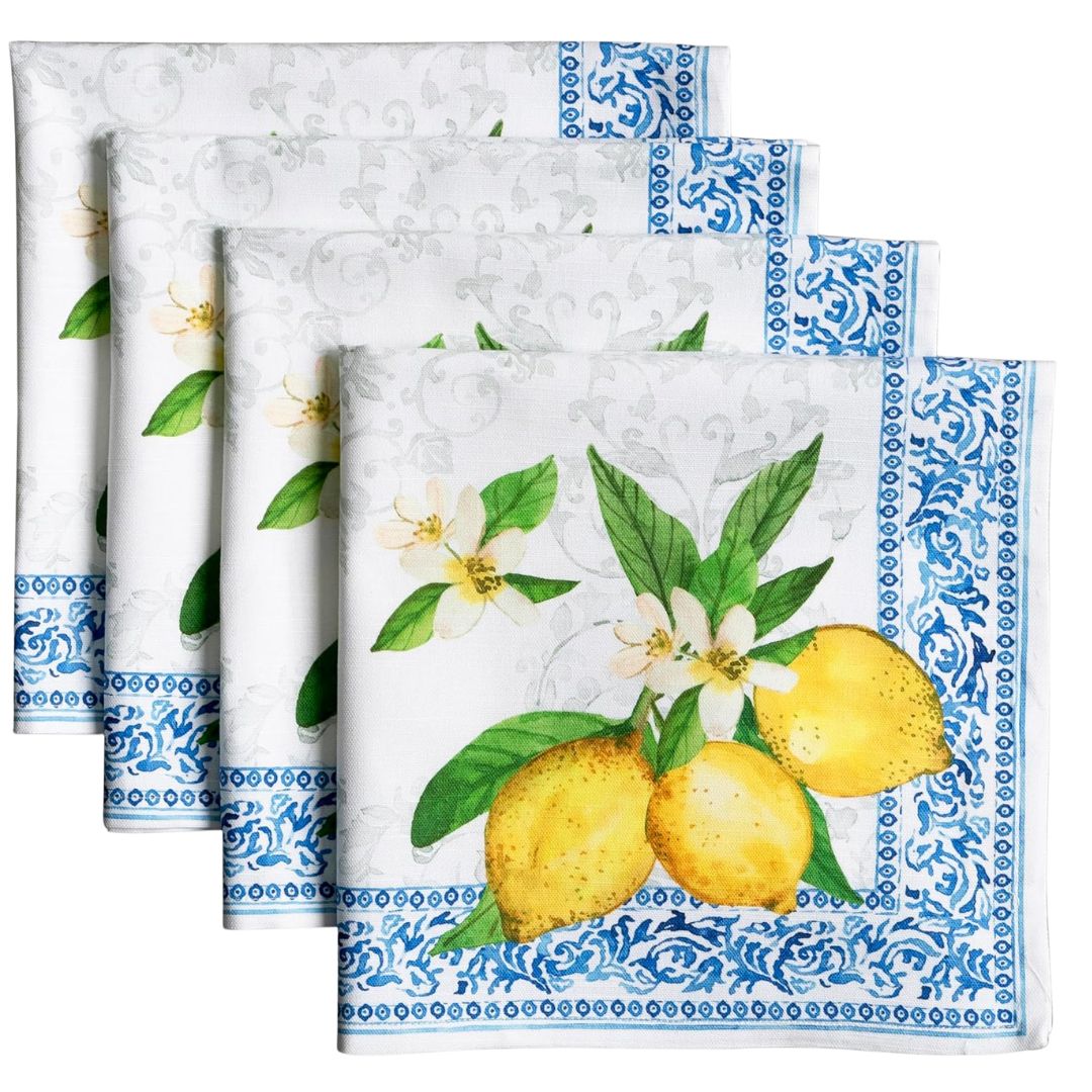Lemon cloth napkins with blue Mediterranean border for summer dining