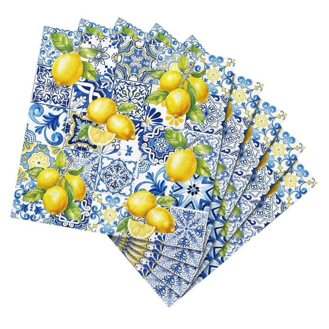 Blue and yellow lemon paper napkins for outdoor dining