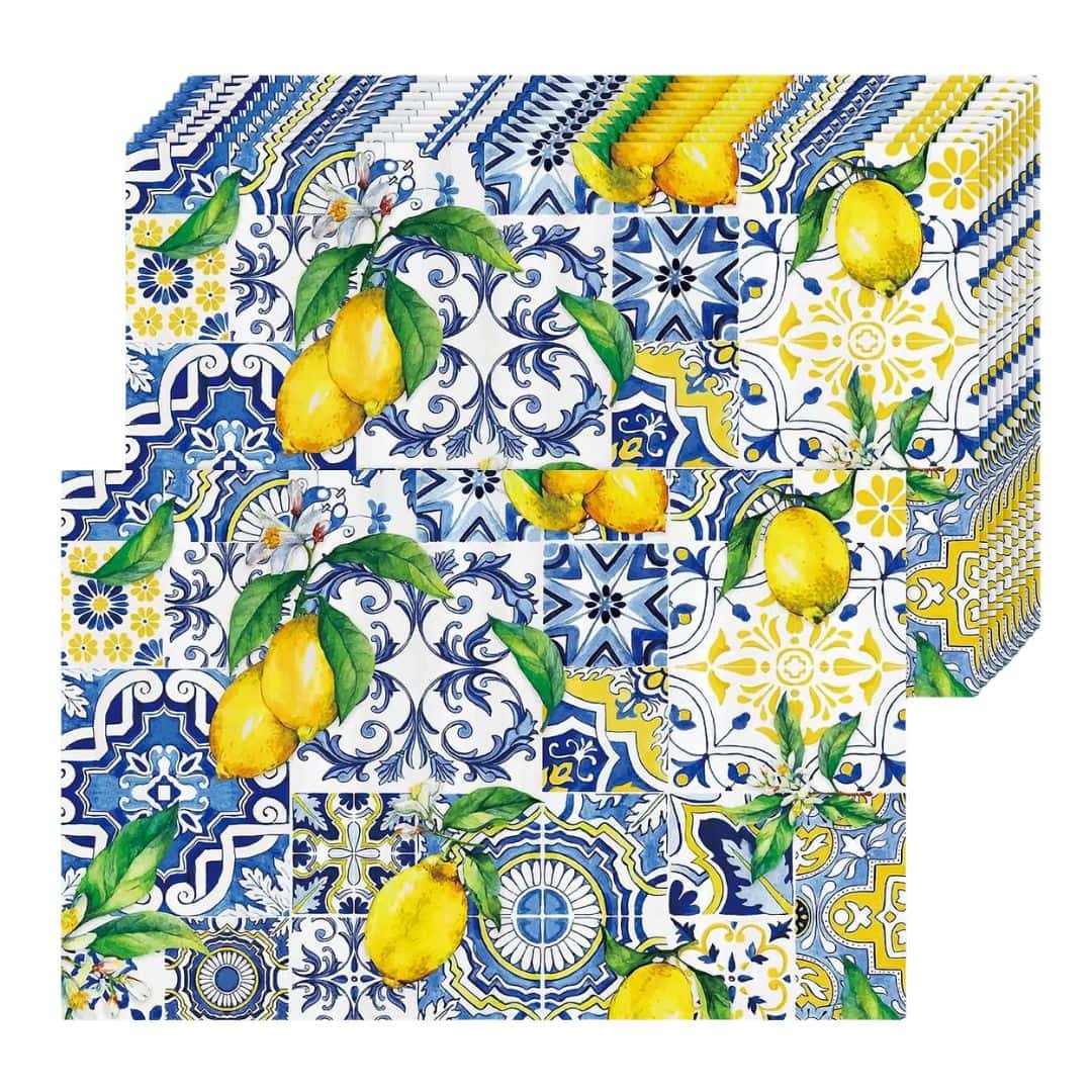 Blue and yellow lemon paper placemats for summer entertaining