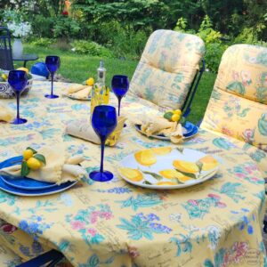 Outdoor summer table with matching botanical tablecloth and chair cushions