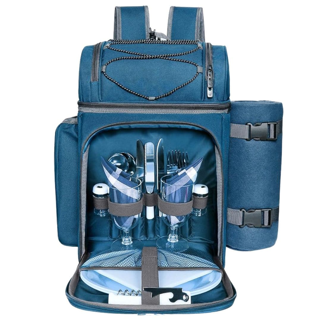 Insulated picnic backpack with plates, cutlery and wine glasses for four