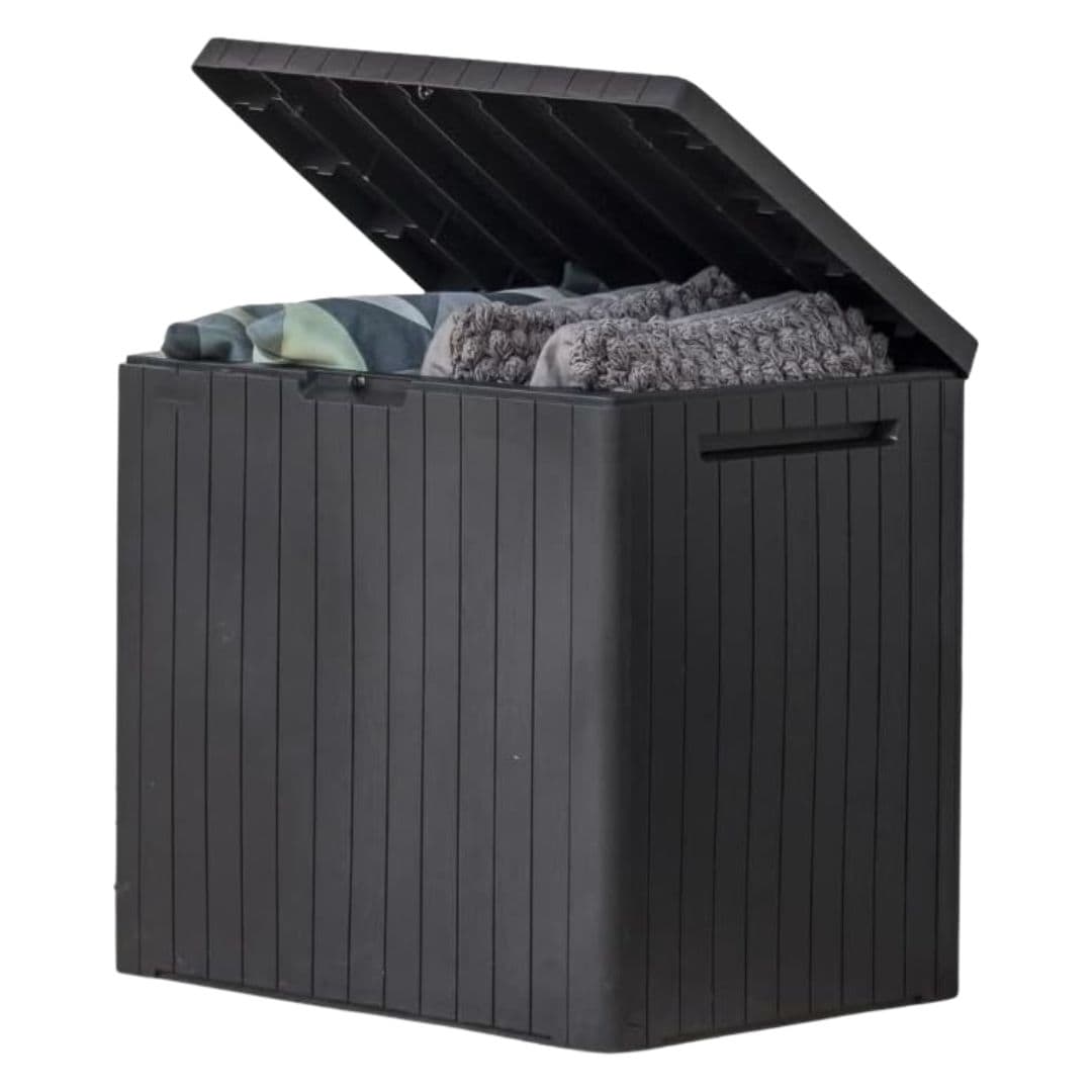 Black outdoor deck box for patio storage