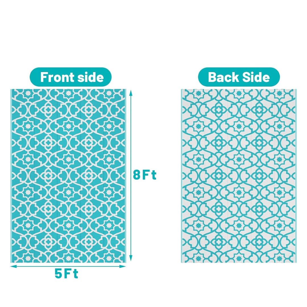 Turquoise outdoor area rug for patio seating