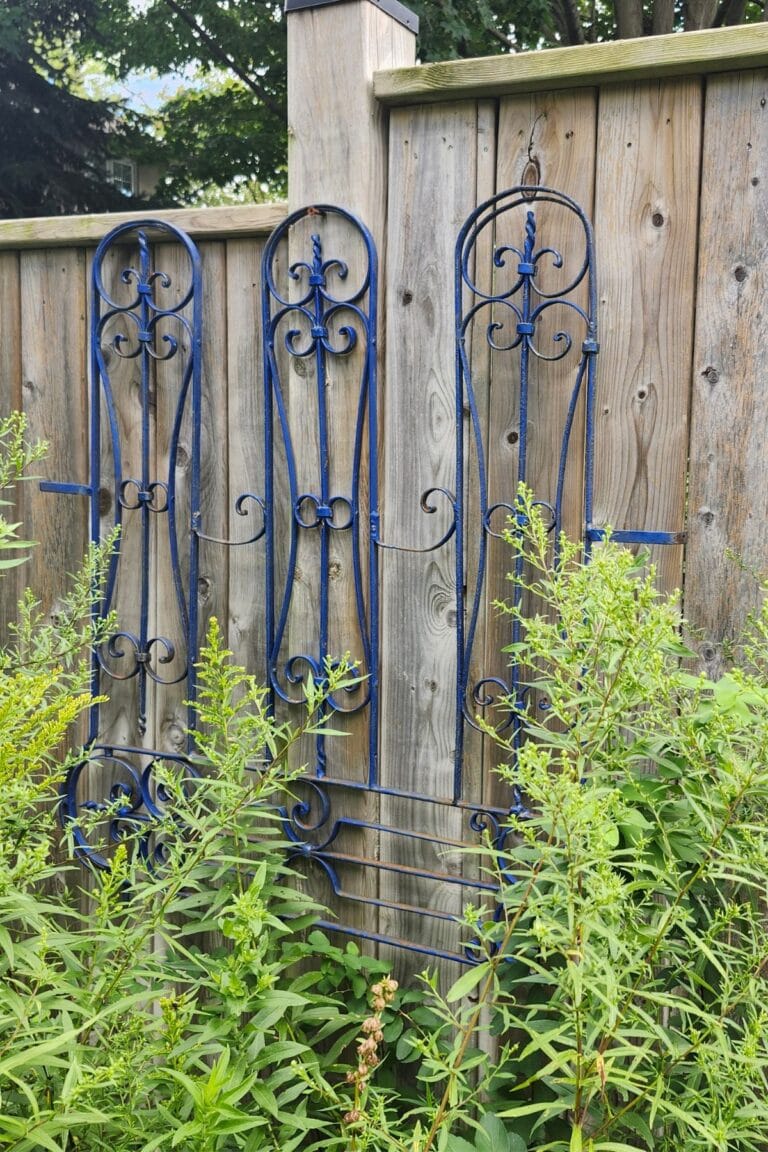 Antique blue decorative balcony railing displayed among garden plants.