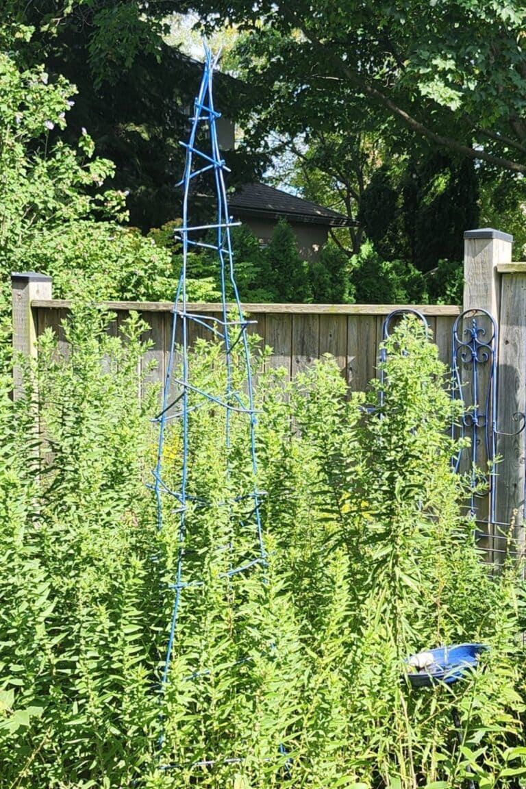 Blue metal obelisk rising above green plants in a summer garden.