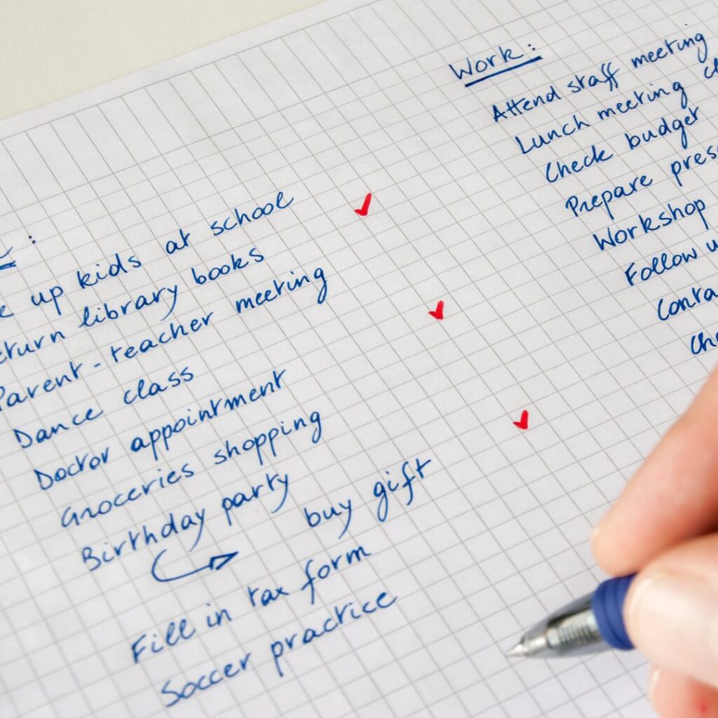 Handwritten to-do list showing everyday life admin tasks