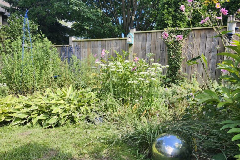 Reflective silver garden ball among green plants with blue garden ornaments in the background.