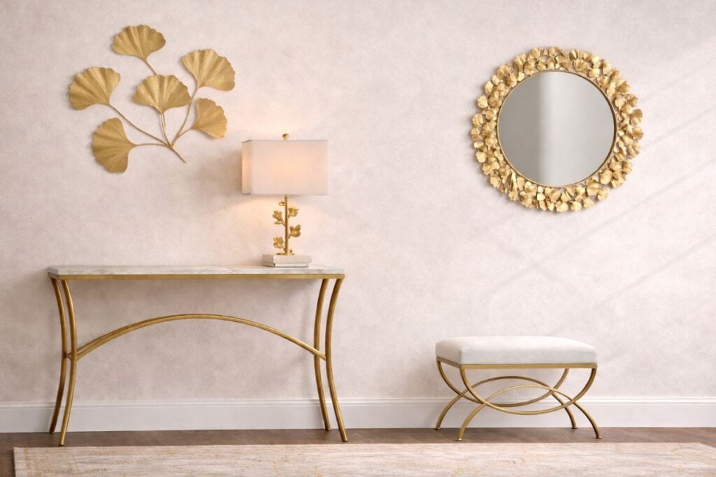 Elegant cream and gold console table, mirror and home decor curated by Create Design Home