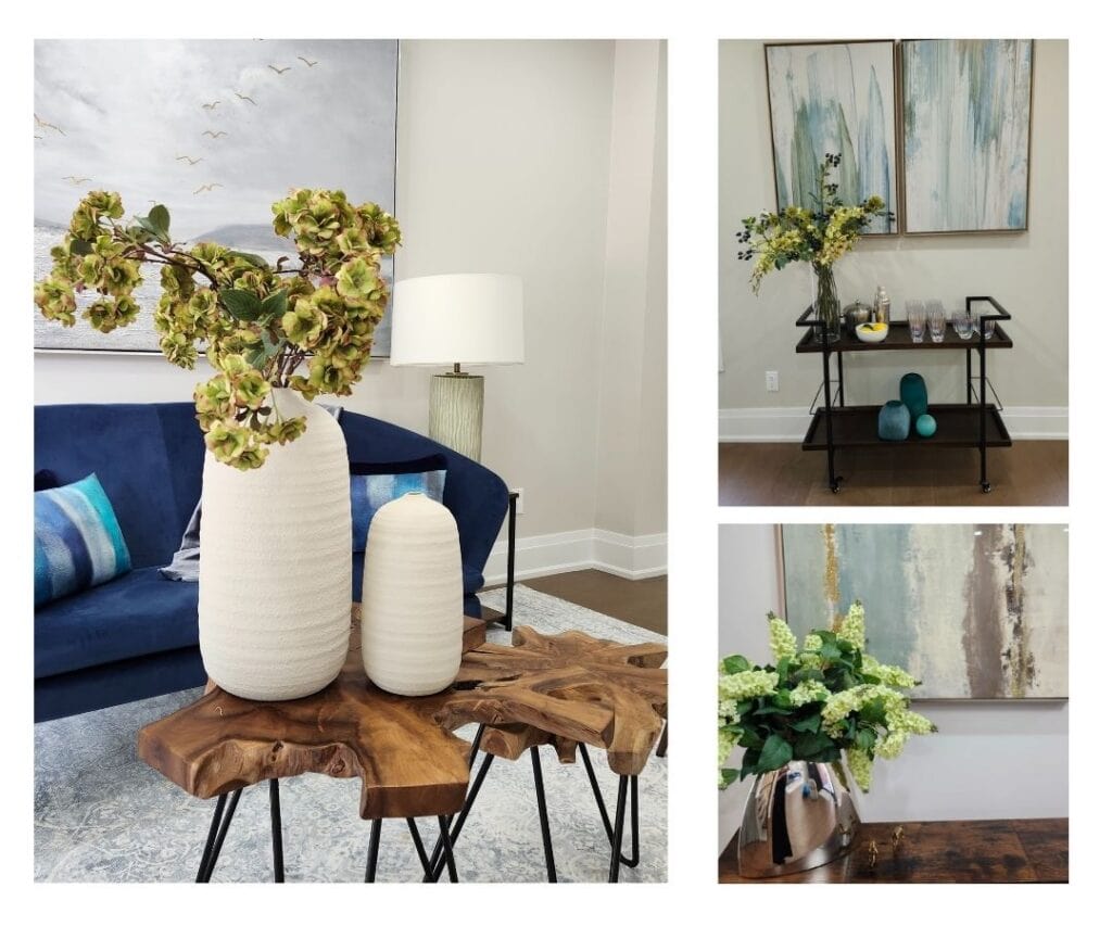 Elegant living room styling with blue sofa, hydrangeas, natural wood furniture and decorative accessories