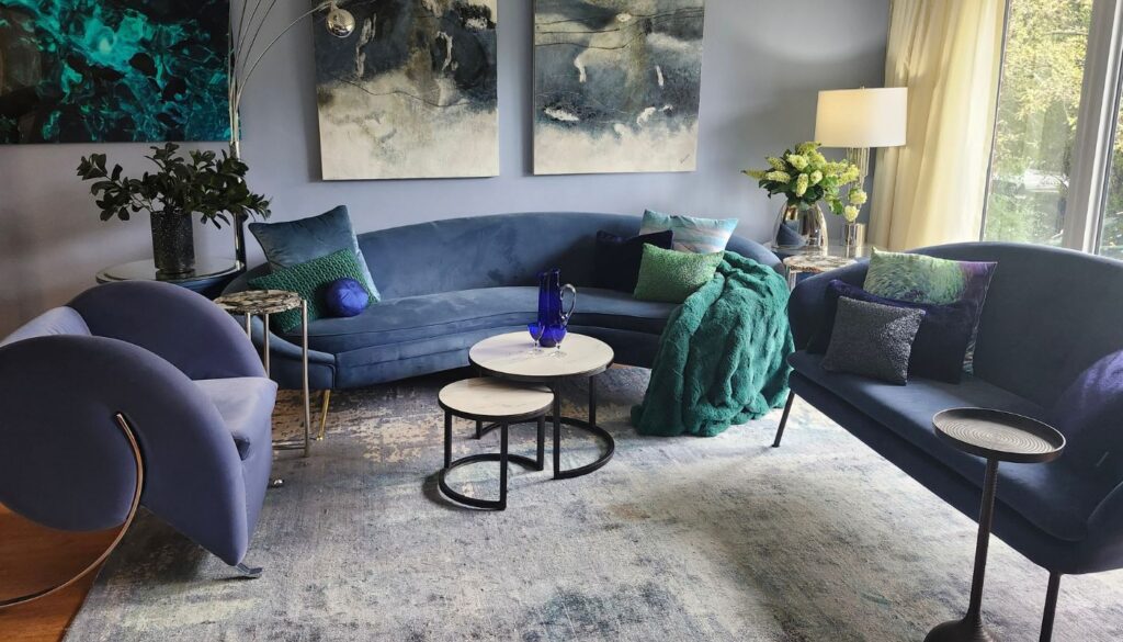 Interior decorating services featuring a layered blue and green living room